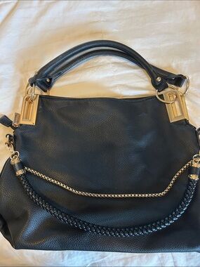 Black  vegan Leather Shoulder Tote with Braided Handle and Gold Hardware
